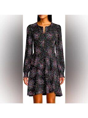 Kate Spade Smocked Dress Women's Size 2 Rainbow Confetti Black Long Sleeve
